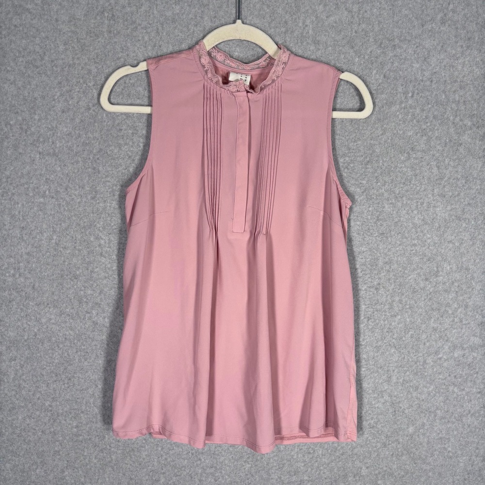 Pintuck Lace Mock Neck Sleeveless Blouse Small Pink Pleated Feminine Coquette
